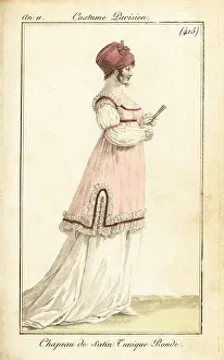 Philibert Louis Debucourt Prints: Woman with fan in satin hat, short tunic, Paris, 1802