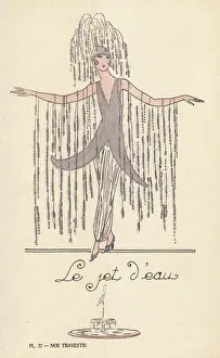 Pants Prints: Woman in fancy dress costume as a fountain, le jet d eau