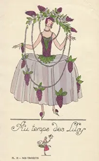Handcoloring Prints: Woman in fancy dress costume as lilac flowers