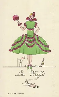 Handcoloring Prints: Woman in fancy dress costume as a maid