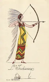 Handcoloring Prints: Woman in fancy dress costume as Native American, l Indienne