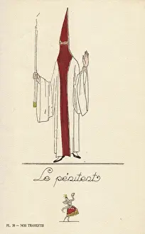 Handcoloring Prints: Woman in fancy dress costume as a penitent, in hooded robe