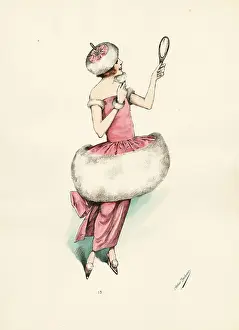 Masquerade Prints: Woman in fancy dress costume as a pink tassel with white fur puf