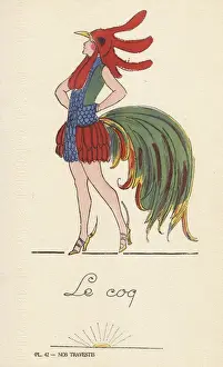 Stencil Prints: Woman in fancy dress costume as rooster, le coq