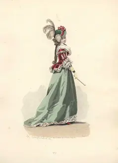 Directoire Prints: Woman in feathered bonnet, scarlet velvet jacket