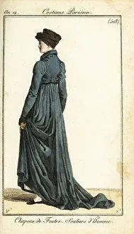 Carle Vernet Prints: Woman in felt hat, long ridingcoat, men's slippers, Paris, 1803