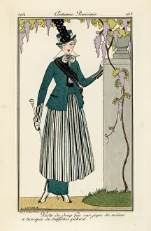 Images Dated 10th April 2019: Woman in fine wool suit with striped pekin-silk