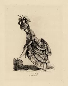 Coiffures Gallery: Woman fixing her stockings, era of Marie Antoinette