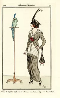 Enamel Gallery: Woman in floral taffeta dress, silk ottoman, and tulle hat