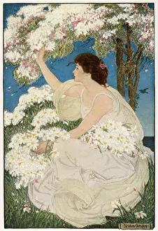 Filled Prints: A woman in a flowing white dress sits underneath a tree filled with spring blossom and gathers the flowers on her lap
