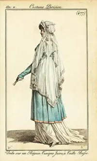 Carle Vernet Prints: Woman in formal costume with long veil on a wimple, Paris, 1803