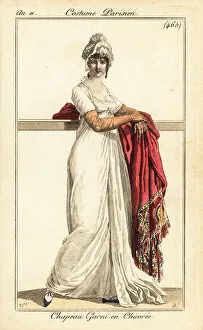 Ball Gown Prints: Woman in formal gown and hat decorated with chicory, Paris, 1803