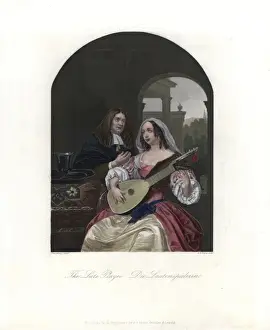 A woman in French costume tunes a 12-string lute