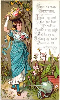 Woman in a garden on a Christmas card