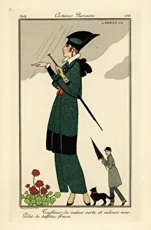 Images Dated 10th April 2019: Woman in green ratine and black velvet suit