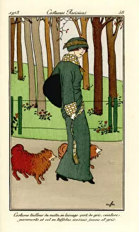 Antongini Gallery: Woman in green wool suit with pet dogs, 1913