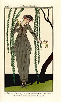 Antongini Collection: Woman in grey taffeta dress with linen collar