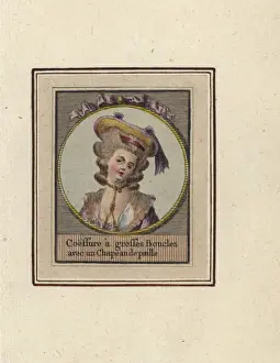 Woman in hairstyle with large curls under a straw hat, 1783