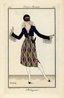 Images Dated 10th April 2019: Woman in harlequin costume and mask for a fancy dress ball