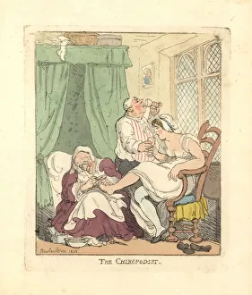 Ackermann Gallery: Woman having her feet treated painfully by a chiropodist