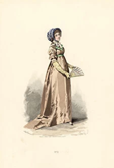 Comte Collection: Woman in hazelnut-colour dress, fichu-chemise and blue hat
