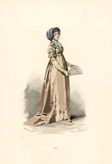 Corsage Prints: Woman in hazelnut-colour dress, fichu-chemise and blue hat