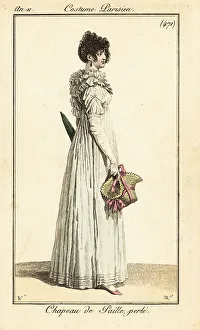 Woman holding a beaded straw hat, Paris, 1803