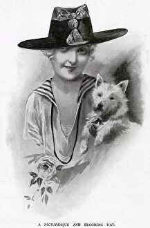 Woman holding a dog wearing a hat made of black taffeta, with a crown of beige moire