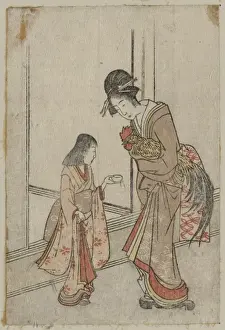 Rooster Prints: Woman holding a rooster accompanied by a young attendant