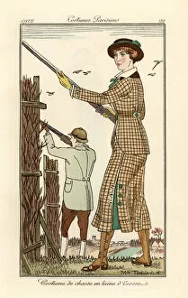 Shotgun Gallery: Woman holding a shotgun in a tweed hunting outfit, 1912