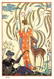 Perfumery Prints: A woman holds a perfume flask as butterflies flutter around it