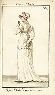 Carle Vernet Prints: Woman in hooded cap, white muslin dress, Paris, 1804
