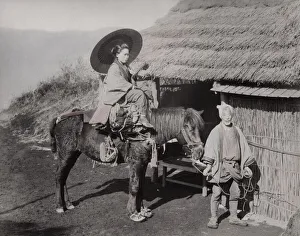 Equine Prints: Woman of a horse being led by a farmer, Japan