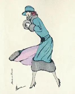 Huddling Prints: Woman huddled against the wind