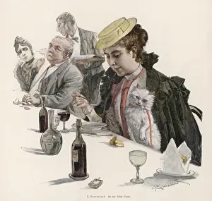 Eats Prints: Woman and Kitten at Meal