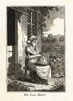 Workplace Prints: Woman lace-maker in bonnet and apron outside a cottage