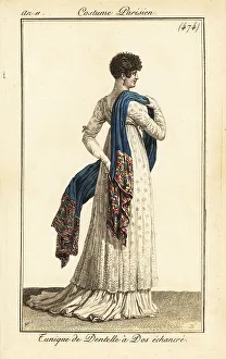 Carle Vernet Prints: Woman in lace tunic dress with a low-cut back, Paris, 1803