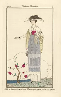 Woman in linen dress with pearl English lace