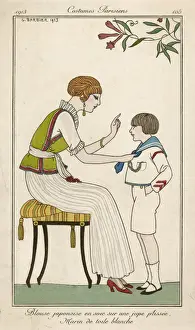 Sleeveless Prints: Woman and little boy in a fashion illustration