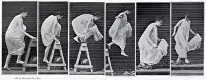 Woman in a long dress surmounting an obstacle. Date: 1880s