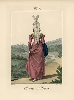 Femmes Prints: Woman in long plum dress with blue stole from Yvetot