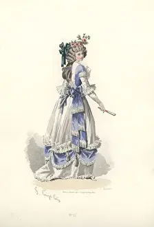 Directory Prints: Woman in long white silk dress with blue ribbon decorations