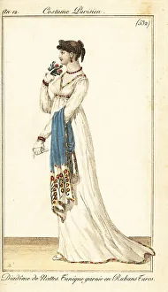 Woman in low-cut gown with Turkish ribbons, Paris, 1804