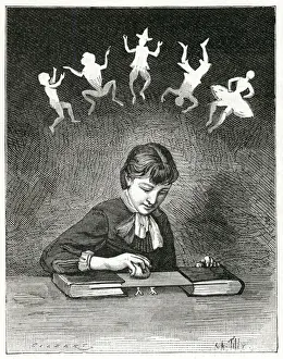 Puppets Prints: Woman making puppets dance using electricity 1885