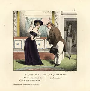 Woman meeting a portly dandy in a parlour