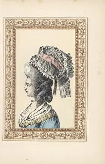 Milkmaid Prints: Woman in a Milkmaid bonnet over hairstyle with curls