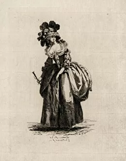 Coiffures Gallery: Woman in Minerva hat, taffeta dress, era of Marie Antoinette