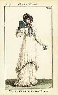 Fichu Prints: Woman in morning dress with calf-length tunic, Paris, 1803