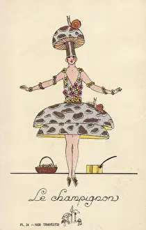 Stencil Prints: Woman in mushroom fancy dress costume, le champignon