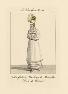 Fichu Prints: Woman in muslin dress with fichu wimple, and perkale skirt